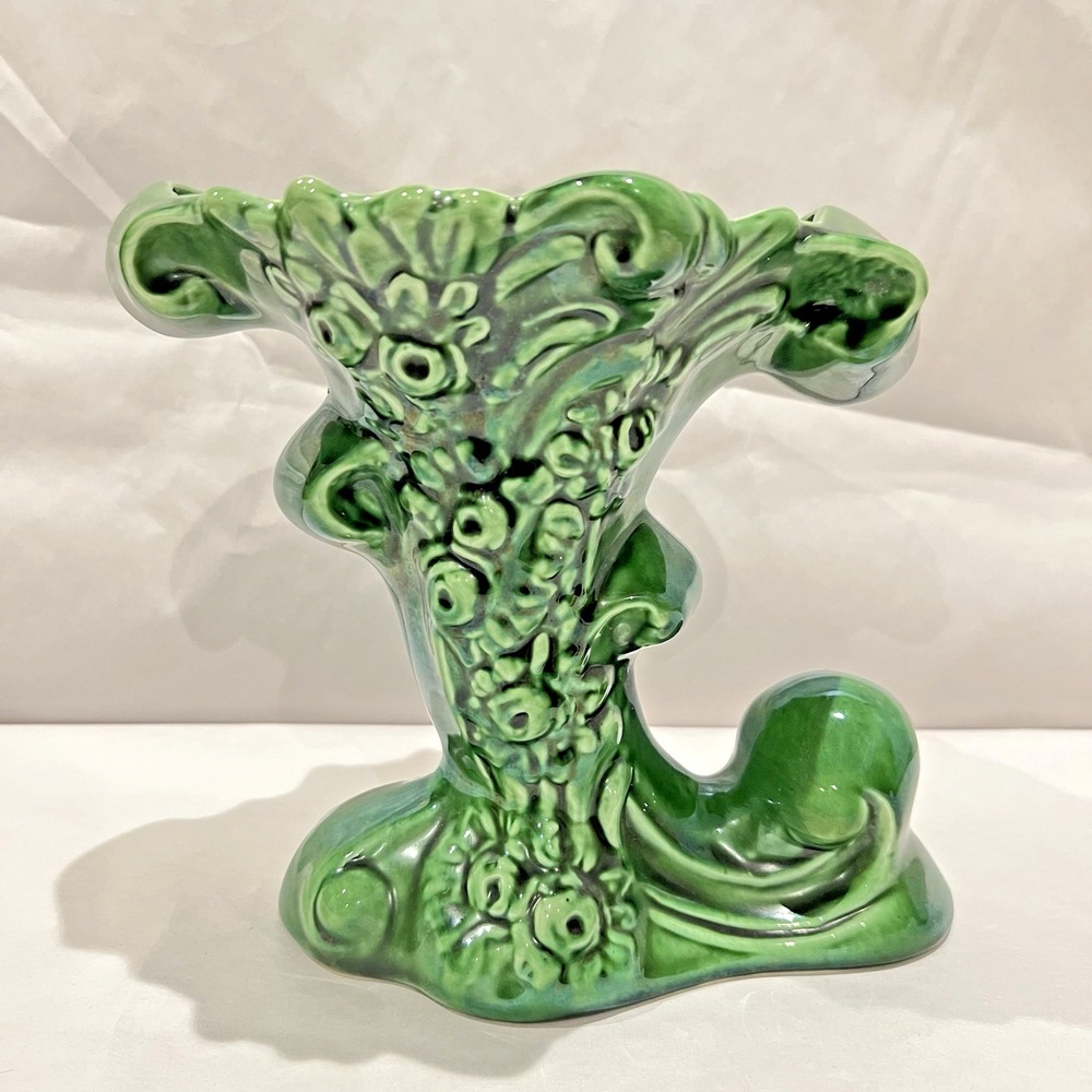 Vintage Camark Green Art Pottery Vase USA Sculptural Floral Design Mid Century‎